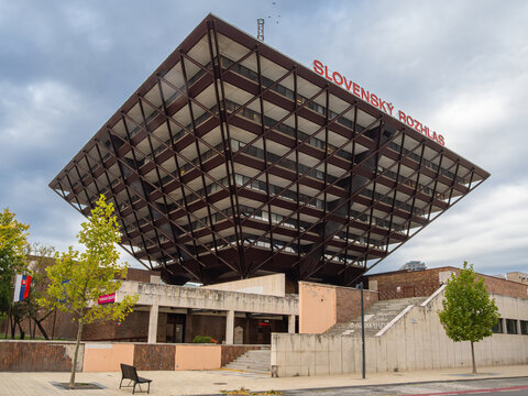 Bratislava, Slovakia - October 20, 2025: Building of Slovensky Rozhlas, the national public radio broadcaster of Slovakia.