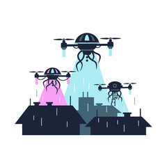 Futuristic Drone Surveillance Over City Buildings with Colorful Light Beams.