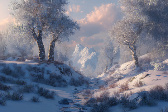 Winter Scene, with snow, trees and wilderness. Forest at christmas