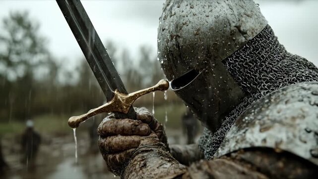 A knight in shining armor grips a sword tightly in a muddy hand as heavy rain pours down during a daytime battle. This video portrays a historical reenactment