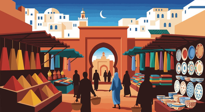 Captivating illustration of a vibrant traditional marketplace, bustling with activity, colorful artisan goods, and iconic architecture under a serene sky
