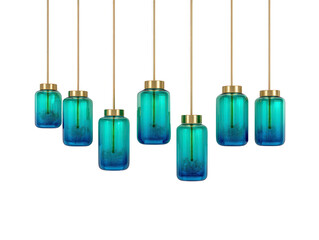 Modern glass pendant light fixture with blue and green gradient, gold metal accents, and minimalist design, perfect for contemporary interior decor and stylish ambiance