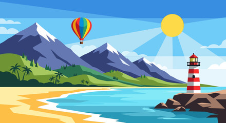 Fototapeta premium Vibrant coastal landscape illustration featuring majestic mountains, a serene beach, and a charming lighthouse under a sunny sky, with a colorful hot air balloon