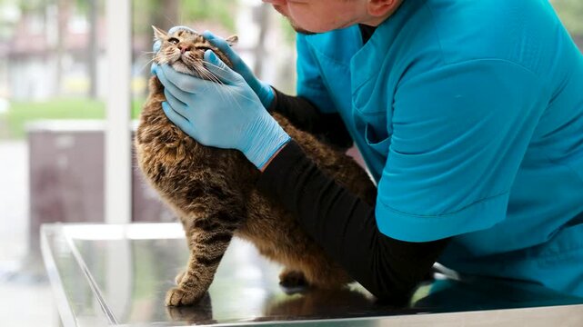 Cat at veterinary clinic having check up by the vet doctor