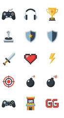 Gaming Icons Collection - Controller, Headset, Trophy, Shield, Sword, Heart, Bomb, Target.