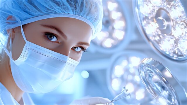 Female surgeon wearing surgical mask and cap is holding surgical instrument with surgical lights in background in operating room, ready for surgery - Powered by Adobe