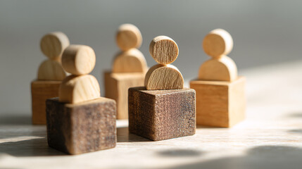 Wooden figurines on blocks representing a group or team on a light surface