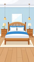 Cartoon bedroom featuring wooden furniture and soft lighting