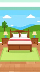 Cartoon bedroom scene with a large bed, tables, and scenic outdoors view