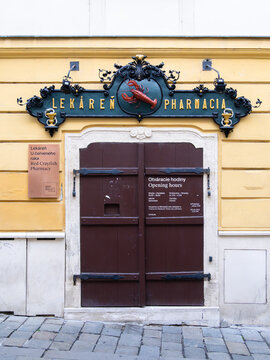 Bratislava, Slovakia - October 21, 2025: The Red Crayfish Pharmacy - Lekaren u Cerveneho Raka - is a historic building in Bratislava.