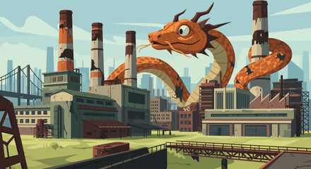 Giant Orange Dragon Coiling Around Industrial Buildings in a Cityscape.
