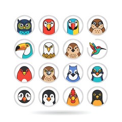 Cartoon bird portraits in circular frames, diverse and colorful