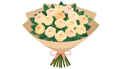 Cartoon bouquet of cream-colored roses wrapped in brown paper with ribbon