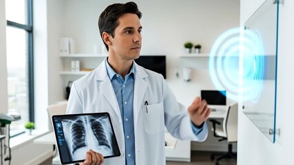 Doctor uses digital interface for modern medical diagnosis and patient care - Powered by Adobe