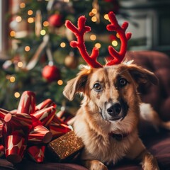 a dog wearing reindeer antlers sitting by the christmas tree, festive joyful mood