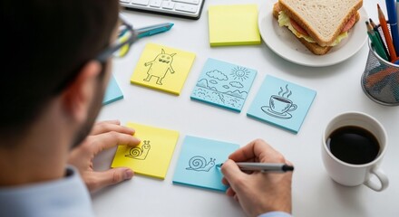 Office worker procrastinating by drawing funny pictures instead of working in a close-up shot. Realistic close-up of a man doodling random sketches instead of taking notes in soft daylight