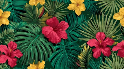 Tropical exotic flowers and leaves seamless pattern.