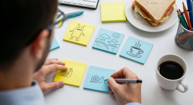 Office worker procrastinating by drawing funny pictures instead of working in a close-up shot. Realistic close-up of a man doodling random sketches instead of taking notes in soft daylight