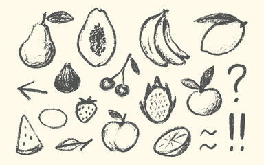 Fruit. Hand Drawn. Doodle. A rustic vector set of various fruits with a chalk or charcoal texture for a farmers market menu, an organic food brand, a recipe book, or a school project.