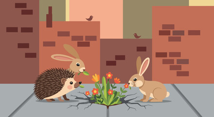 Hedgehog and Rabbits Admiring Flowers in Urban Setting.