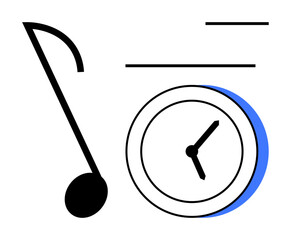 Musical note beside a clock, combining themes of rhythm, timing, and productivity. Ideal for creativity, organization, scheduling, music time management workflow inspiration. Simple flat metaphor