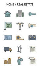 Home and Real Estate Icons Set - House, Building, Key, and More.