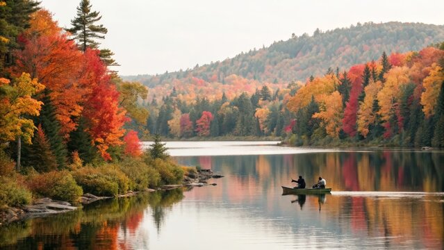 People canoeing on a calm lake reflecting autumn trees - Powered by Adobe