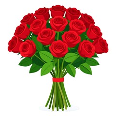 Cartoon bouquet of red roses with green leaves