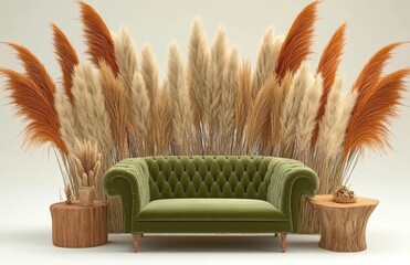 A green sofa is the centerpiece of this modern interior, surrounded by a wooden floor and a framed table