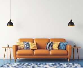 A fresh moroccan living room featuring a stylish contemporary beige sofa