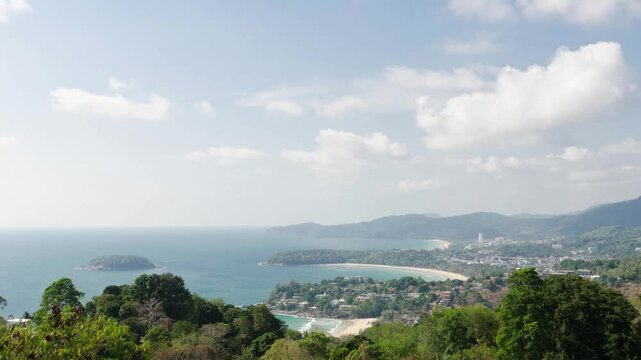 timelaspe 4k video aerial view of Phuket 3 bays,ocean sea and cloudy moving in sunny day from karon view point.time lapse tropical landscape natural view.Phuket beaches aerial landscape 
