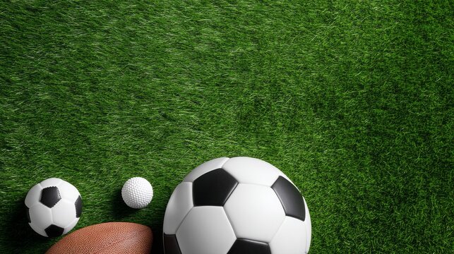 Scattered across a lush green grass field, various sports balls await play under clear blue skies. A soccer ball, a football, and golf balls bring cheer and excitement to outdoor activities
