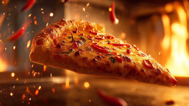 A slice of pizza with red peppers floating in front of a blazing oven door