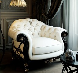 Contemporary elegant armchair paired with a matching stool and a luxurious lamp