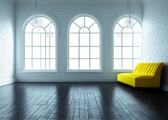 The interior of this loft features a contemporary stylish design, complete with brick walls and a yellow sofa