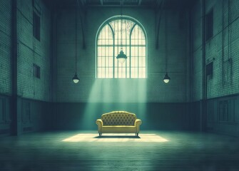 The loft has a contemporary and stylish interior, characterized by brick walls and a yellow sofa