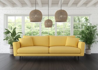 A contemporary and stylish interior defines this loft, which has brick walls and a yellow sofa