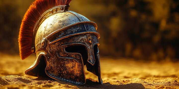 Warrior helmet resting on sandy ground in golden light Generative AI
