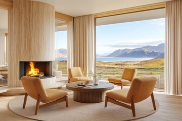 A flat gas fireplace is a key feature of this living room's contemporary interior