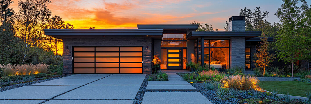 Luxurious modern home exterior with stylish garage door Generative AI