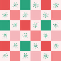 Seamless festive checkerboard vector pattern with cream background, red and green squares and snowflakes, cozy retro Christmas design for wrapping paper, textiles and seasonal decorative winter
