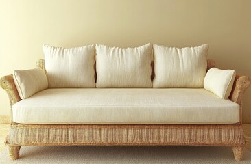 A 3D rendered image of a contemporary living room features a beige and white color scheme