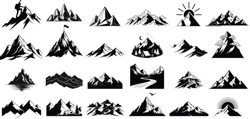 Naklejka premium Collection of diverse black and white mountain silhouettes for graphic design and illustration