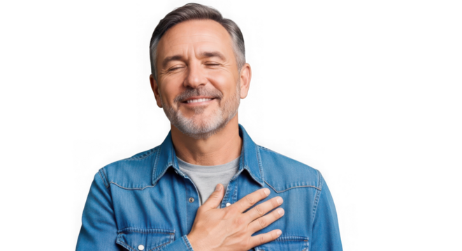 Mature man with hand on chest isolated on transparent background