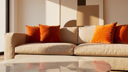 Minimalist interior design concept with stylishly appointed couch, coffee table, and vibrant orange pillows in a serene 4K UHD room setting, perfect for relaxation or contemplation.
