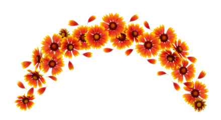 Beautiful garland of bright orange and yellow flowers forming an arch against a white background, perfect for decorative purposes