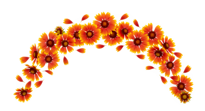Beautiful garland of bright orange and yellow flowers forming an arch against a white background, perfect for decorative purposes