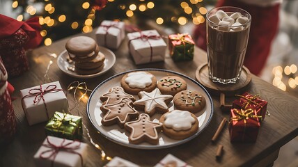 Christmas table with desserts cookies and coffee holiday decorations