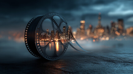 Giant film reel with a city skyline inside it.