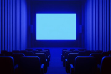 Fototapeta premium A 3D movie screen is the centerpiece of a home cinema room that boasts blue lights and comfortable black leather armchairs